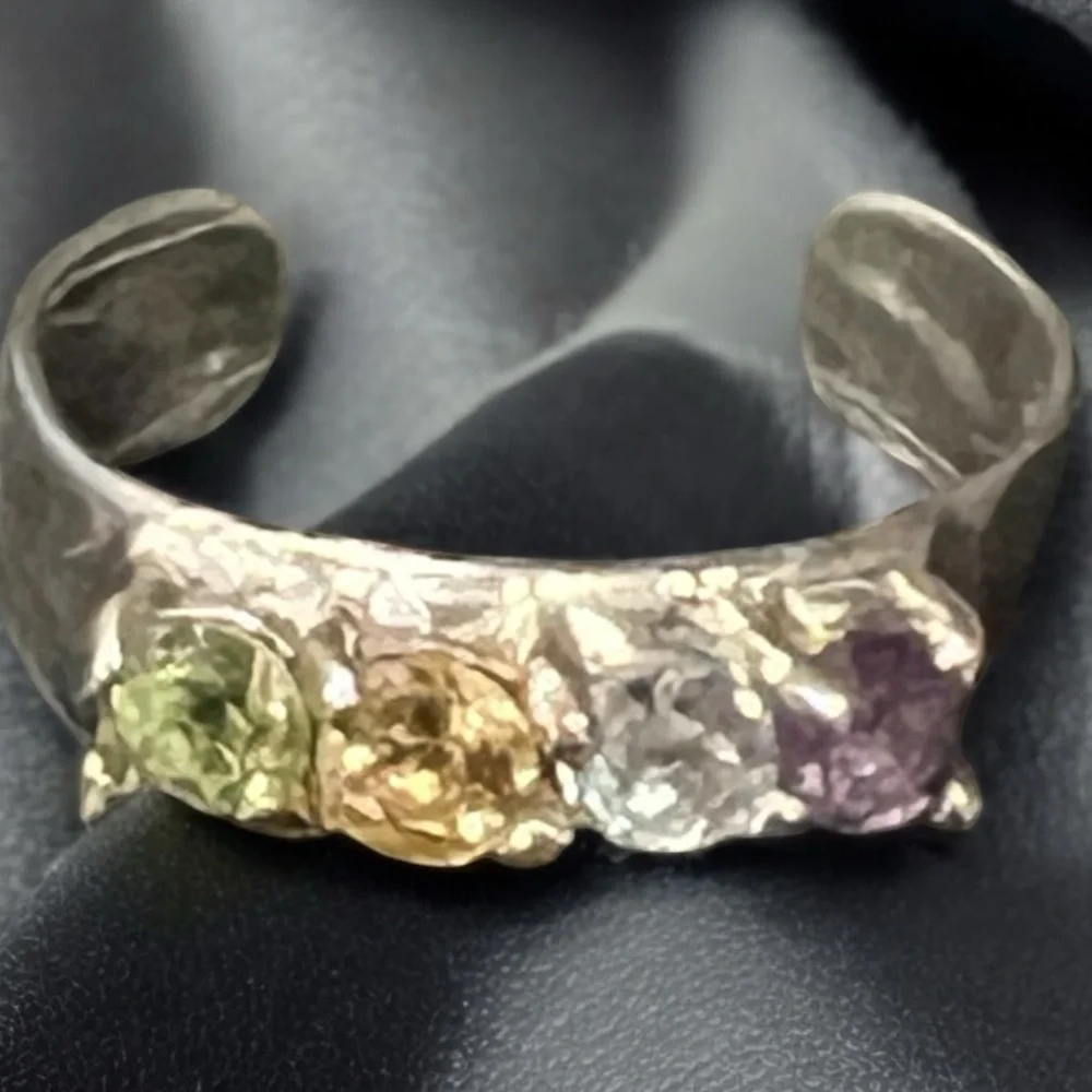 Vintage Sterling Silver Adjustable Rainbow Gemstone Ring Women's Jewelry